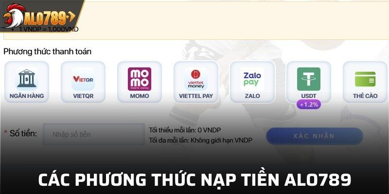 Các phương thức hỗ trợ nạp tiền Alo789 uy tín